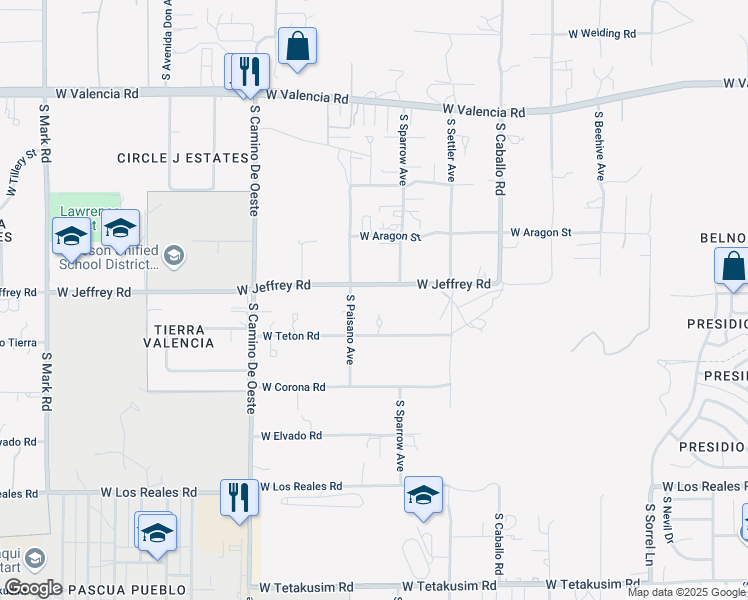 map of restaurants, bars, coffee shops, grocery stores, and more near 4353 West Jeffrey Road in Tucson