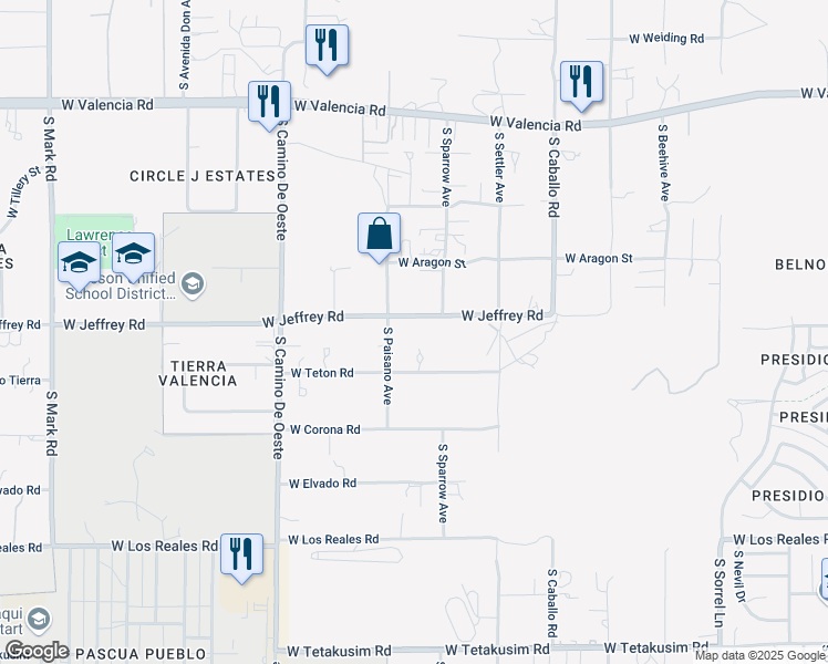 map of restaurants, bars, coffee shops, grocery stores, and more near 4353 West Jeffrey Road in Tucson