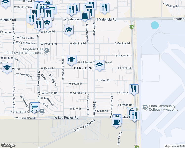 map of restaurants, bars, coffee shops, grocery stores, and more near 6963 South Missiondale Road in Tucson
