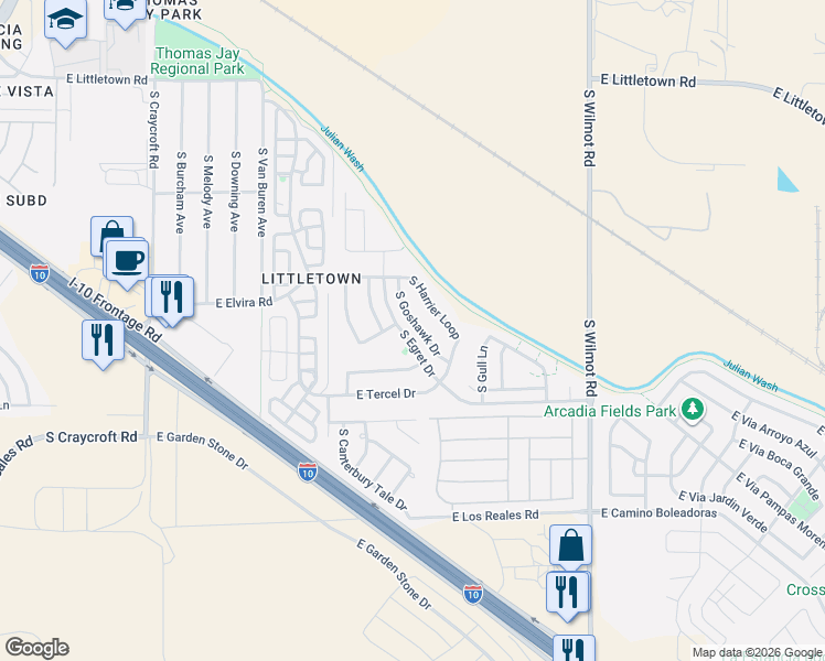map of restaurants, bars, coffee shops, grocery stores, and more near 6960 South Goshawk Drive in Tucson