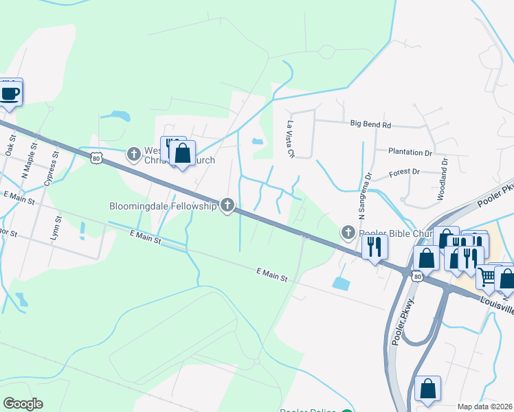 map of restaurants, bars, coffee shops, grocery stores, and more near 1264 U.S. 80 in Bloomingdale