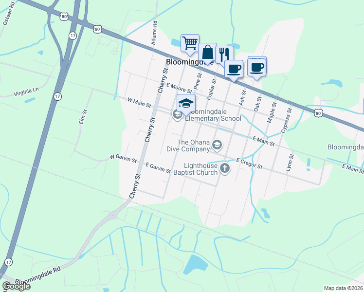 map of restaurants, bars, coffee shops, grocery stores, and more near 302 Pine Street in Bloomingdale