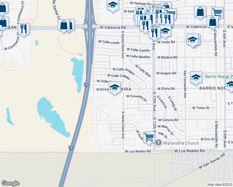 map of restaurants, bars, coffee shops, grocery stores, and more near 6910 South Santa Clara Avenue in Tucson