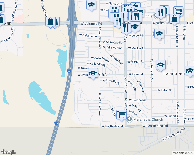 map of restaurants, bars, coffee shops, grocery stores, and more near 802 West Elvira Road in Tucson