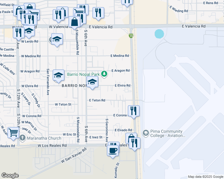 map of restaurants, bars, coffee shops, grocery stores, and more near 331 East Elvira Road in Tucson
