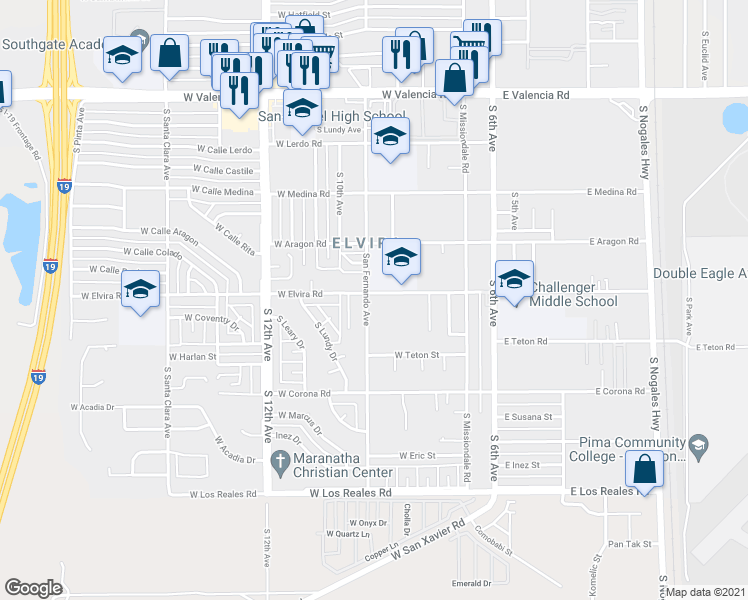 map of restaurants, bars, coffee shops, grocery stores, and more near 255 West Elvira Road in Tucson