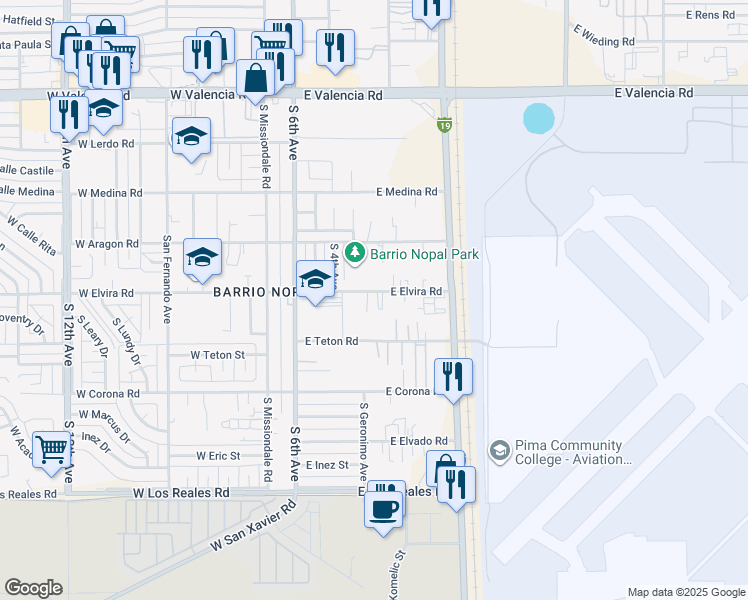 map of restaurants, bars, coffee shops, grocery stores, and more near 331 East Elvira Road in Tucson