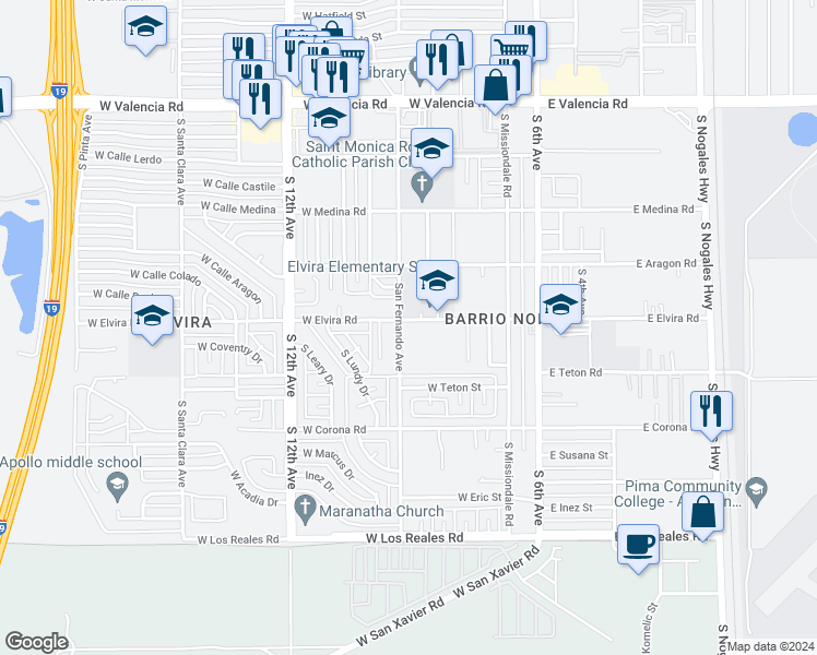 map of restaurants, bars, coffee shops, grocery stores, and more near 255 West Elvira Road in Tucson