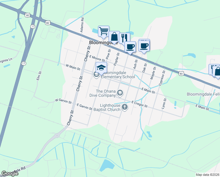 map of restaurants, bars, coffee shops, grocery stores, and more near 208 Poplar Street in Bloomingdale