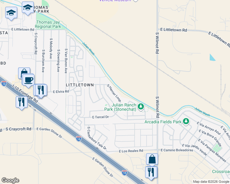 map of restaurants, bars, coffee shops, grocery stores, and more near 6919 South Harrier Loop in Tucson