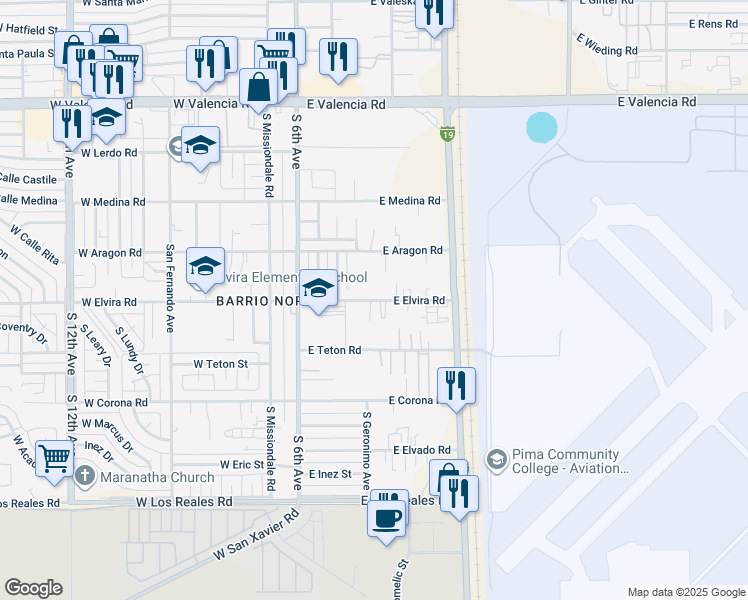map of restaurants, bars, coffee shops, grocery stores, and more near 331 East Elvira Road in Tucson