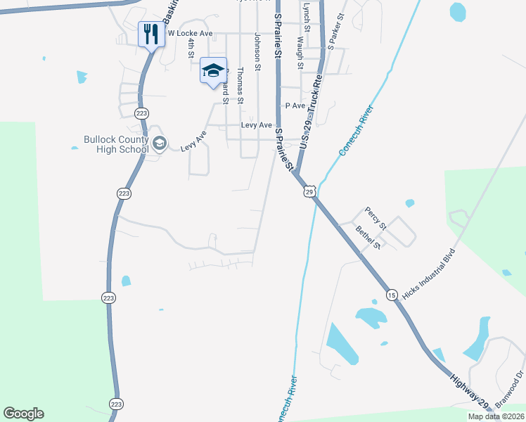 map of restaurants, bars, coffee shops, grocery stores, and more near 209 April Street in Union Springs