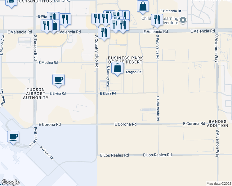 map of restaurants, bars, coffee shops, grocery stores, and more near 3230 East Elvira Road in Tucson