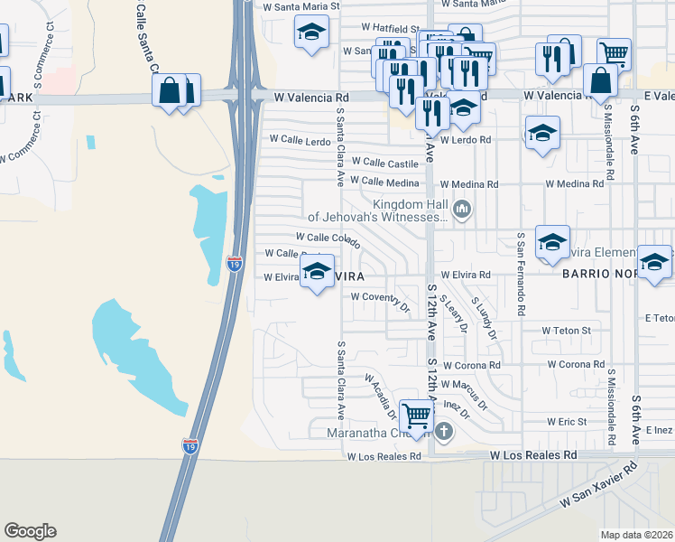 map of restaurants, bars, coffee shops, grocery stores, and more near 802 West Elvira Road in Tucson