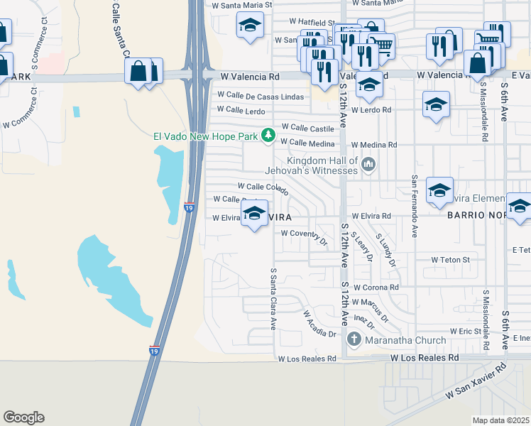 map of restaurants, bars, coffee shops, grocery stores, and more near 802 West Elvira Road in Tucson
