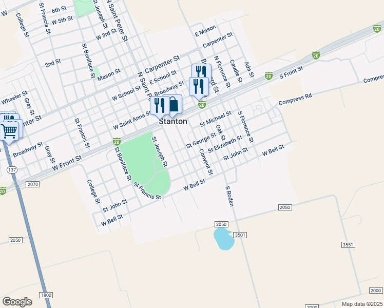 map of restaurants, bars, coffee shops, grocery stores, and more near 301-399 Saint Mary Street in Stanton