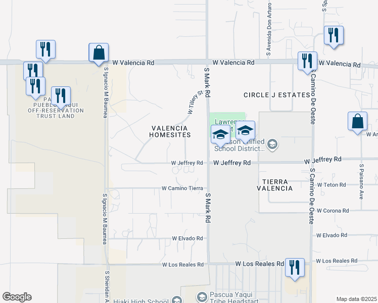 map of restaurants, bars, coffee shops, grocery stores, and more near 6869 South Seehorn Avenue in Tucson