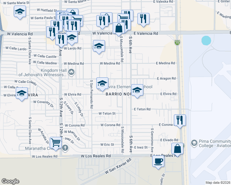 map of restaurants, bars, coffee shops, grocery stores, and more near 136 West Elvira Road in Tucson