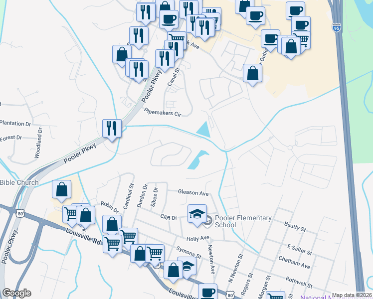 map of restaurants, bars, coffee shops, grocery stores, and more near 239 Durham Park Way in Pooler