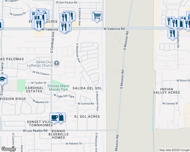 map of restaurants, bars, coffee shops, grocery stores, and more near 2500 West Vereda Felicidad in Tucson