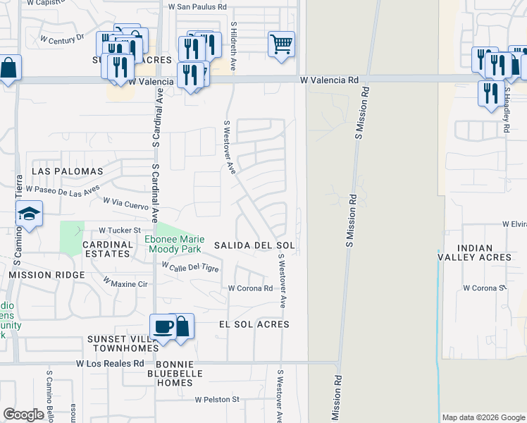 map of restaurants, bars, coffee shops, grocery stores, and more near 2571 West Vereda Pasadera in Tucson