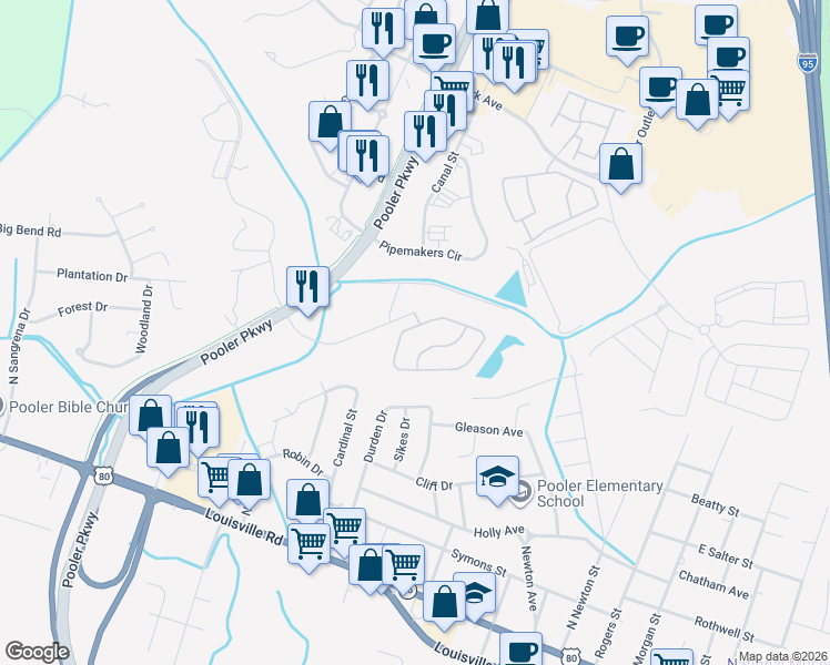 map of restaurants, bars, coffee shops, grocery stores, and more near 343 Durham Park Way in Pooler