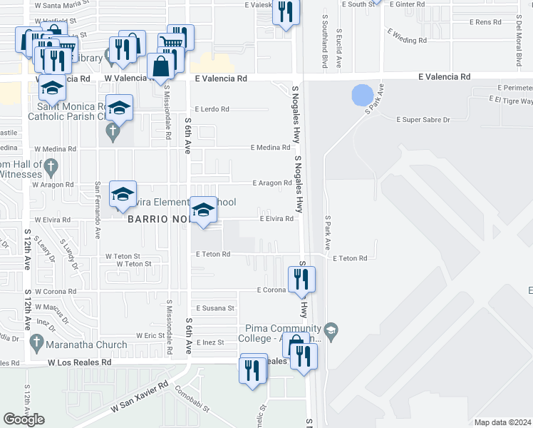 map of restaurants, bars, coffee shops, grocery stores, and more near 335 East Elvira Road in Tucson