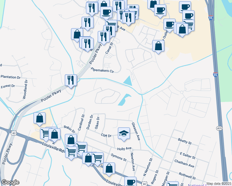 map of restaurants, bars, coffee shops, grocery stores, and more near 235 Durham Park Way in Pooler