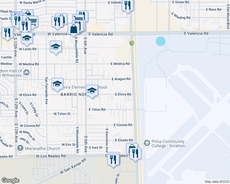 map of restaurants, bars, coffee shops, grocery stores, and more near 331 East Elvira Road in Tucson