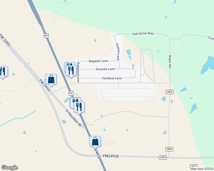 map of restaurants, bars, coffee shops, grocery stores, and more near 302 Zambezi Lane in Bullard