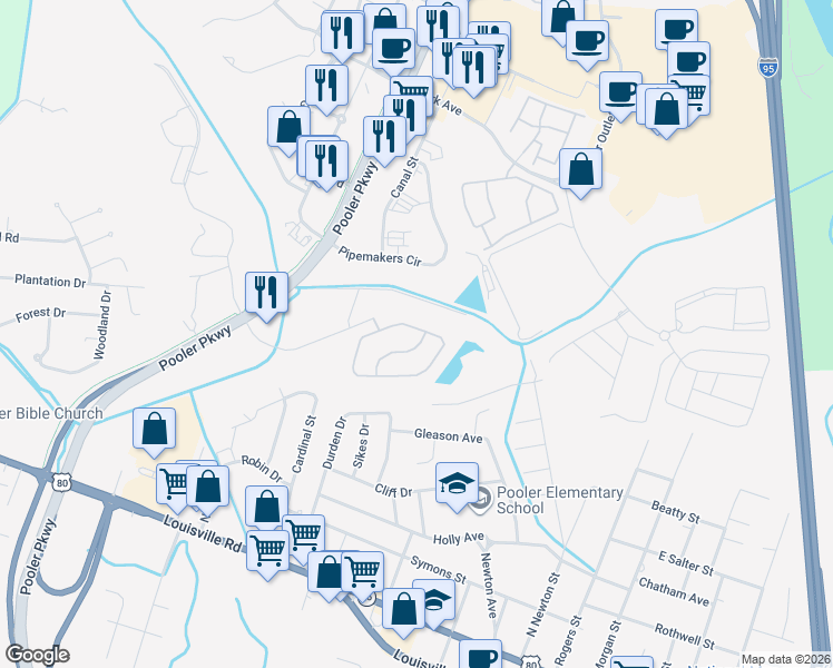 map of restaurants, bars, coffee shops, grocery stores, and more near 235 Durham Park Way in Pooler