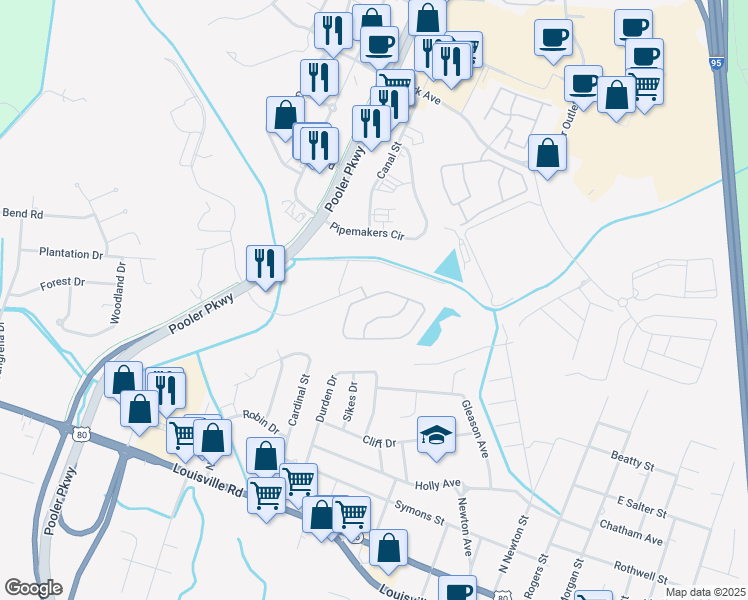 map of restaurants, bars, coffee shops, grocery stores, and more near 203 Durham Park Way in Pooler