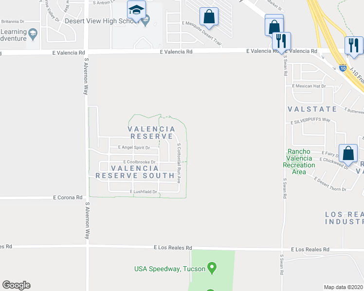 map of restaurants, bars, coffee shops, grocery stores, and more near 6885 South Cottontail Run Avenue in Tucson