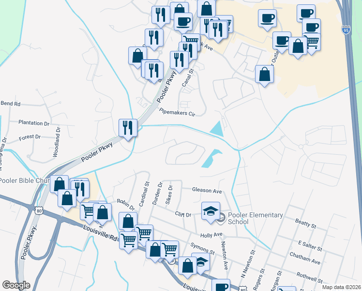 map of restaurants, bars, coffee shops, grocery stores, and more near 203 Durham Park Way in Pooler