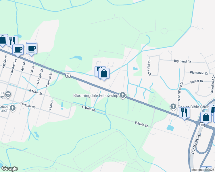 map of restaurants, bars, coffee shops, grocery stores, and more near 1308 U.S. 80 in Bloomingdale