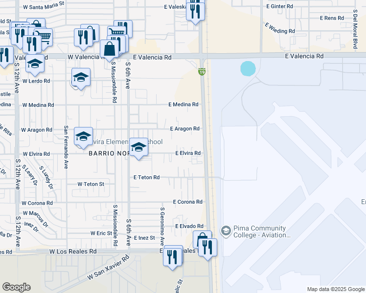map of restaurants, bars, coffee shops, grocery stores, and more near 341 East Elvira Road in Tucson