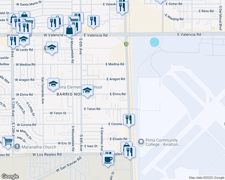 map of restaurants, bars, coffee shops, grocery stores, and more near 331 East Elvira Road in Tucson