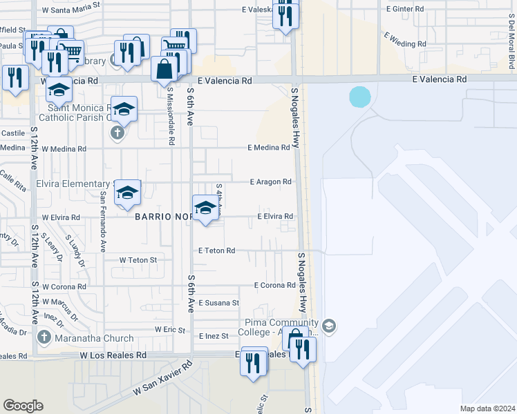 map of restaurants, bars, coffee shops, grocery stores, and more near 331 East Elvira Road in Tucson