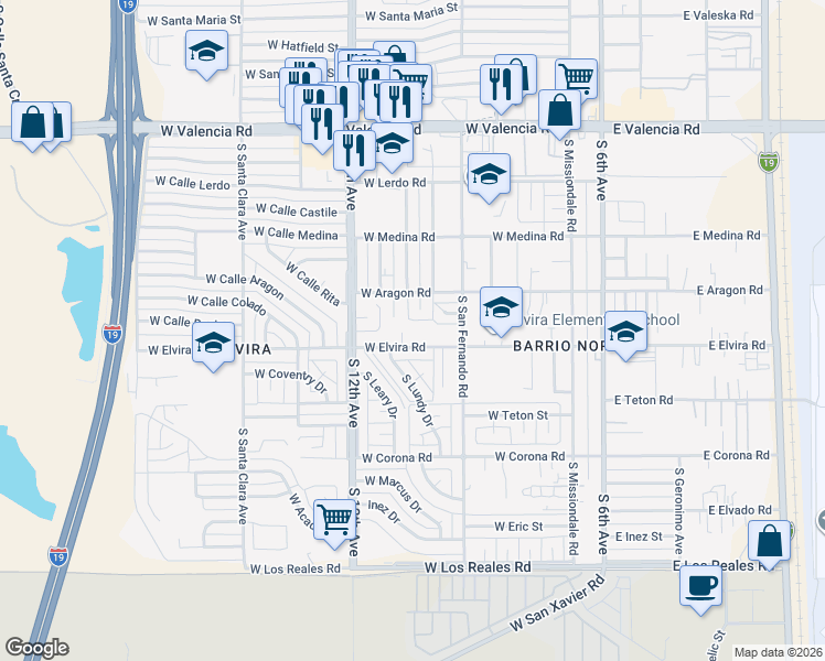 map of restaurants, bars, coffee shops, grocery stores, and more near 6893 South Elvira Place in Tucson