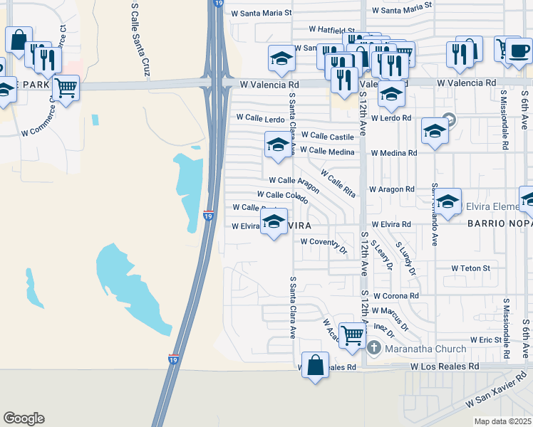 map of restaurants, bars, coffee shops, grocery stores, and more near 850 West Elvira Road in Tucson