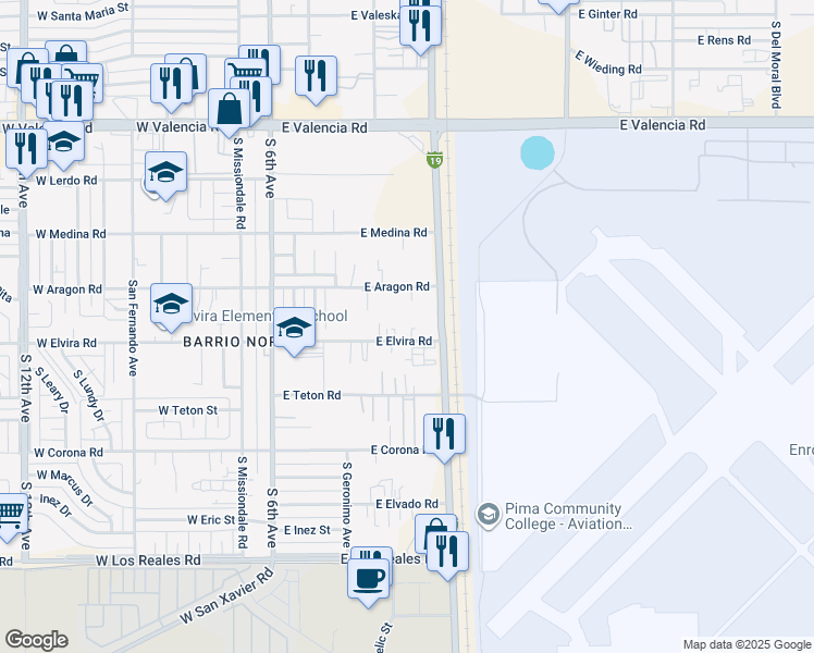 map of restaurants, bars, coffee shops, grocery stores, and more near 341 East Elvira Road in Tucson
