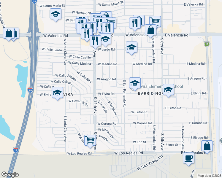 map of restaurants, bars, coffee shops, grocery stores, and more near 6893 South Elvira Place in Tucson