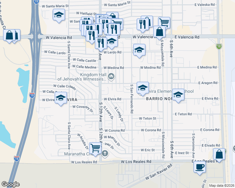 map of restaurants, bars, coffee shops, grocery stores, and more near 6893 South Elvira Place in Tucson