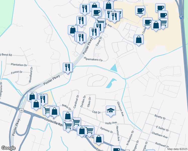 map of restaurants, bars, coffee shops, grocery stores, and more near 203 Durham Park Way in Pooler