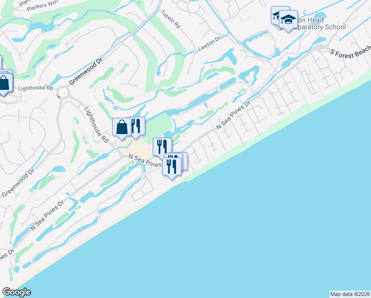 map of restaurants, bars, coffee shops, grocery stores, and more near 76 N Sea Pines Dr in Hilton Head Island