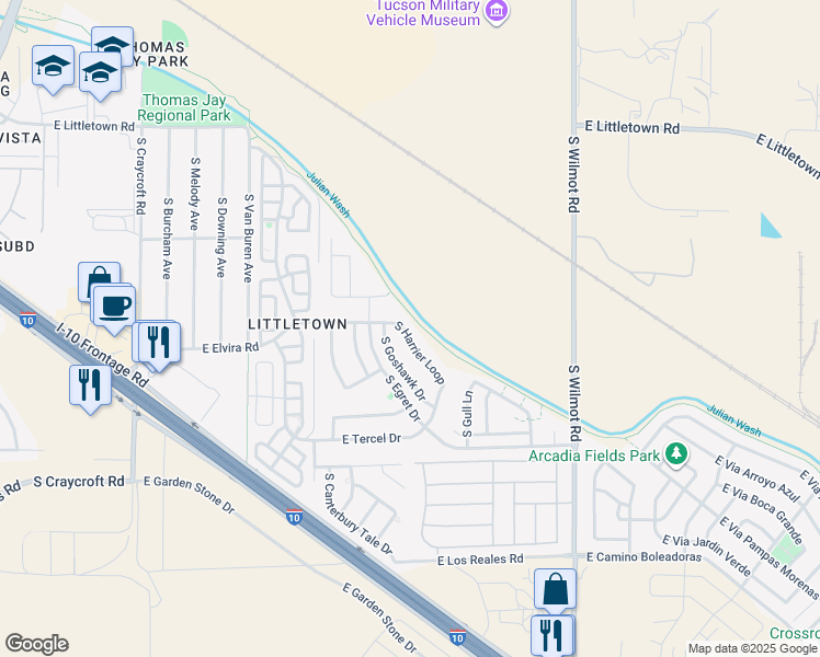 map of restaurants, bars, coffee shops, grocery stores, and more near 6885 South Harrier Loop in Tucson