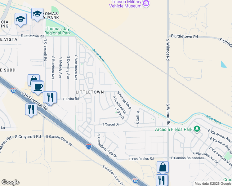 map of restaurants, bars, coffee shops, grocery stores, and more near 6907 South Goshawk Drive in Tucson