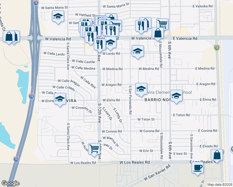 map of restaurants, bars, coffee shops, grocery stores, and more near 6893 South Elvira Place in Tucson