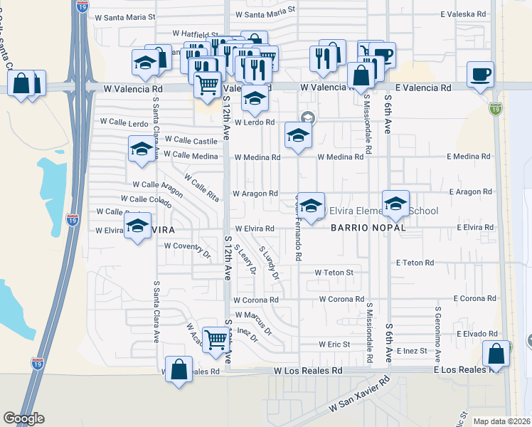 map of restaurants, bars, coffee shops, grocery stores, and more near 6893 South Elvira Place in Tucson