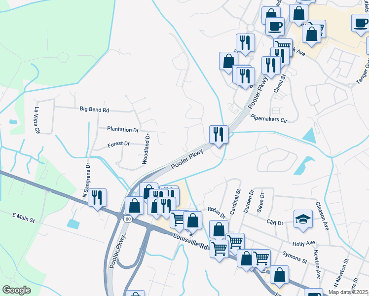 map of restaurants, bars, coffee shops, grocery stores, and more near 912 Pooler Parkway in Pooler